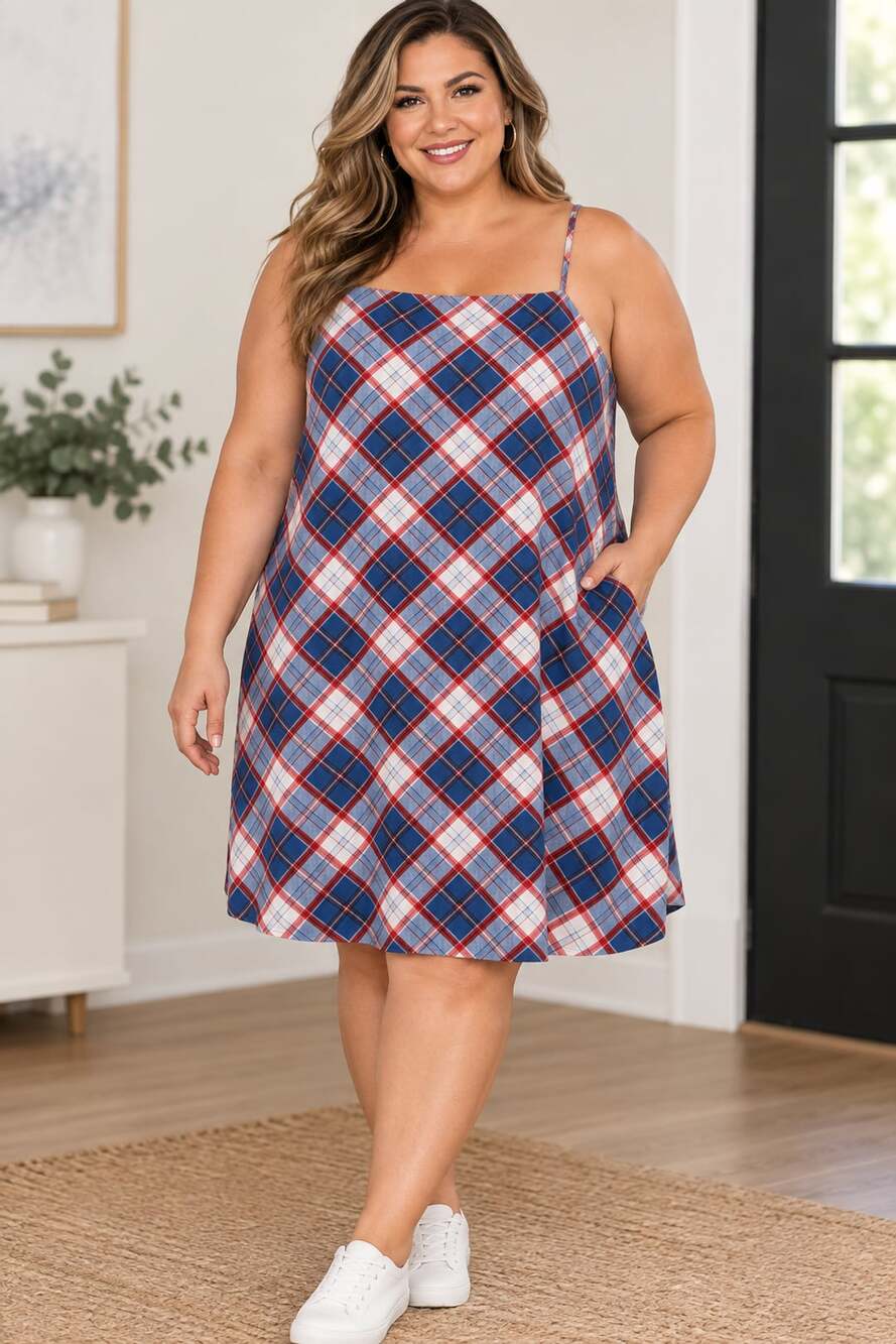 Old Navy Strappy Mini Shift Dress Size 3X Blue Red Plaid
